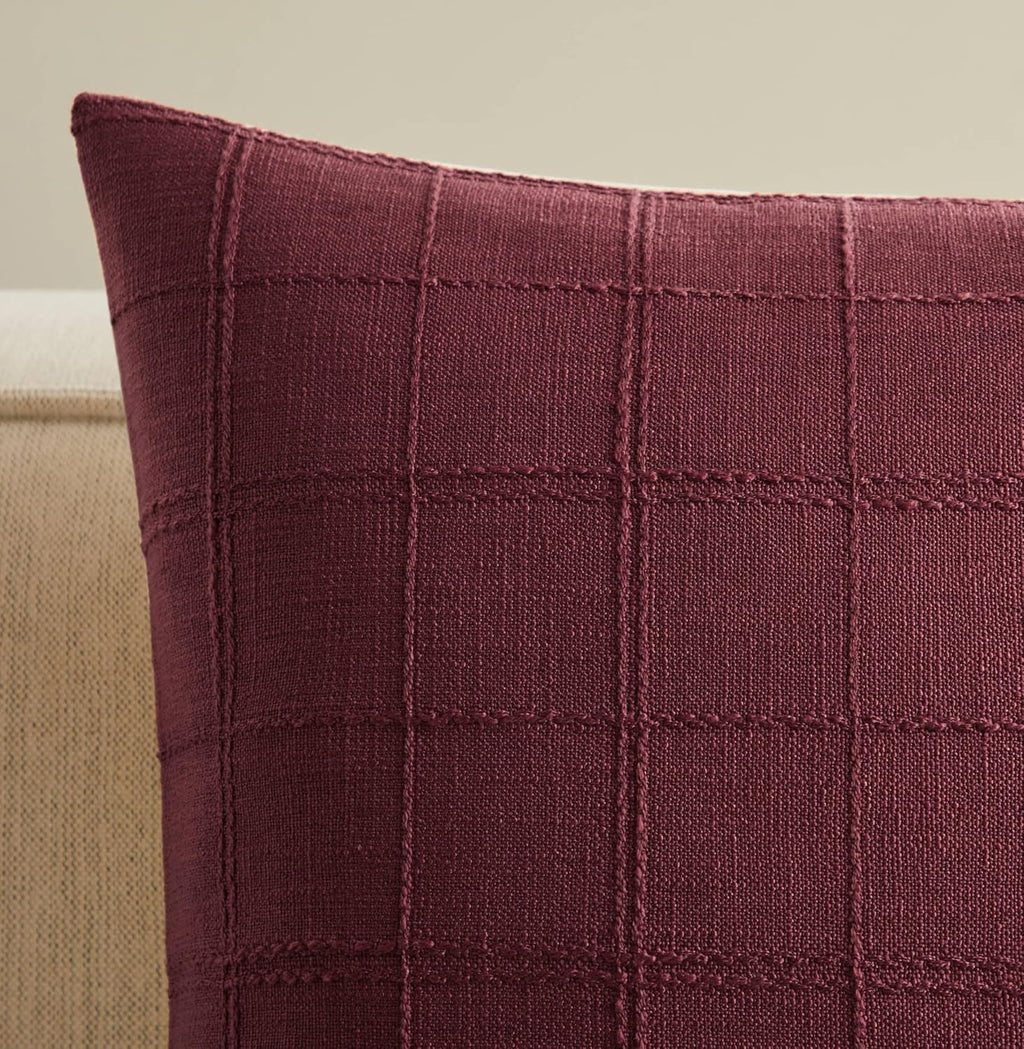 ZeeMart Linen Checked Throw Pillow Covers Set of 2, 16x16 Inch Burgundy/Cream, Farmhouse Decorative Single Sided Grid Embroidered Couch Pillow Cases Red Cotton Linen Cushion Covers