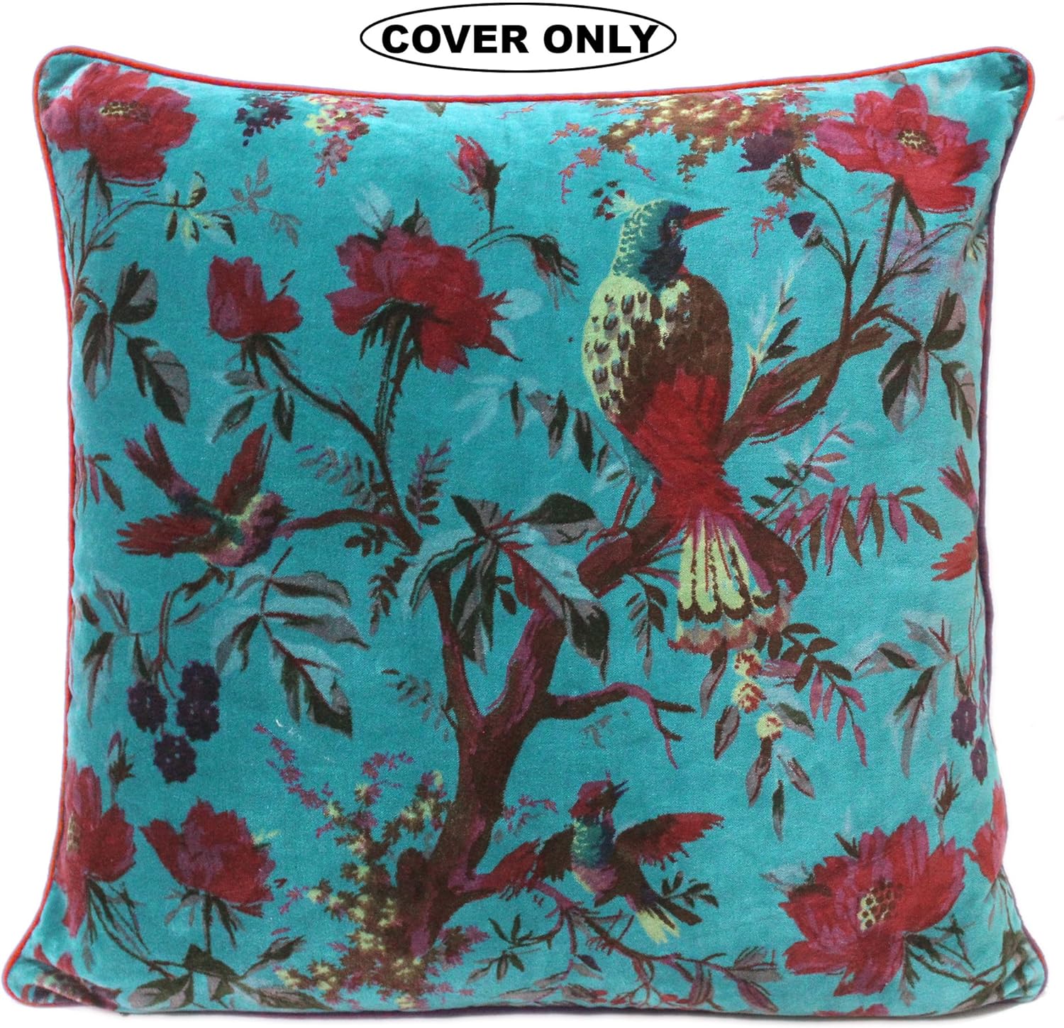 Eyes of India Velvet Floral Flower Bird Throw Pillow Sofa Cushion Cover Case Couch Colorful Boho Chic Bohemian Accent Indian Handmade (Teal, 24" x 24")