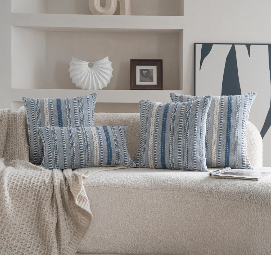 Boho Throw Pillow Covers 20x20 Inch Set of 2, Farmhouse Decorative Couch Pillow Cases, Blue Accent Pillows of Bed, Sofa Bedroom Living Room Home Decor Cushion Cover