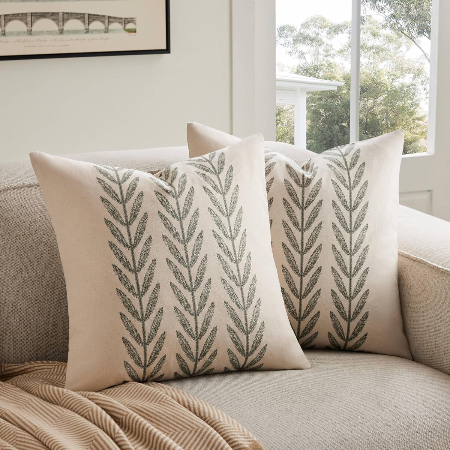 100% Cotton Farmhouse Leaves Throw Pillow Covers Set of 2, 22x22 Inch Green Pastoral Decorative Print Cushion Covers for Sofa Bed Living Room Home Decor