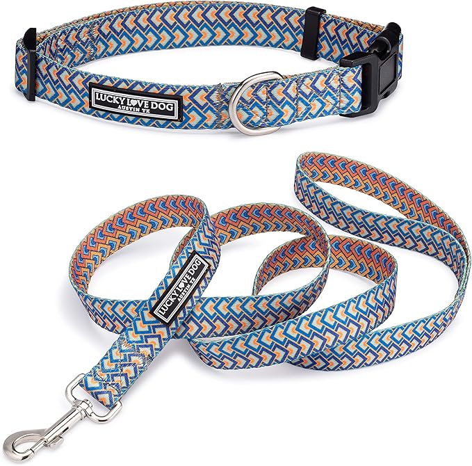 Lucky Love Dog, Bold Matching Dog Collar and Leash Set, Soft & Adjustable, Geometric Pattern Collar and Leash for Male Female Dogs - (Large, Murphy Combo)