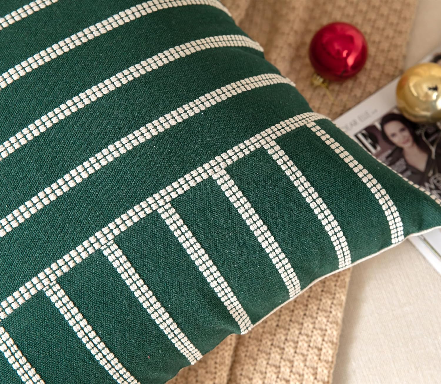 Caflife Boho Throw Pillow Covers 18x18 Set of 2 Soft Farmhouse Decorative Couch Pillow Cases Dark Green Striped Pillow Covers Neutral Cushion Covers for Sofa Bed Living Room Home Decor