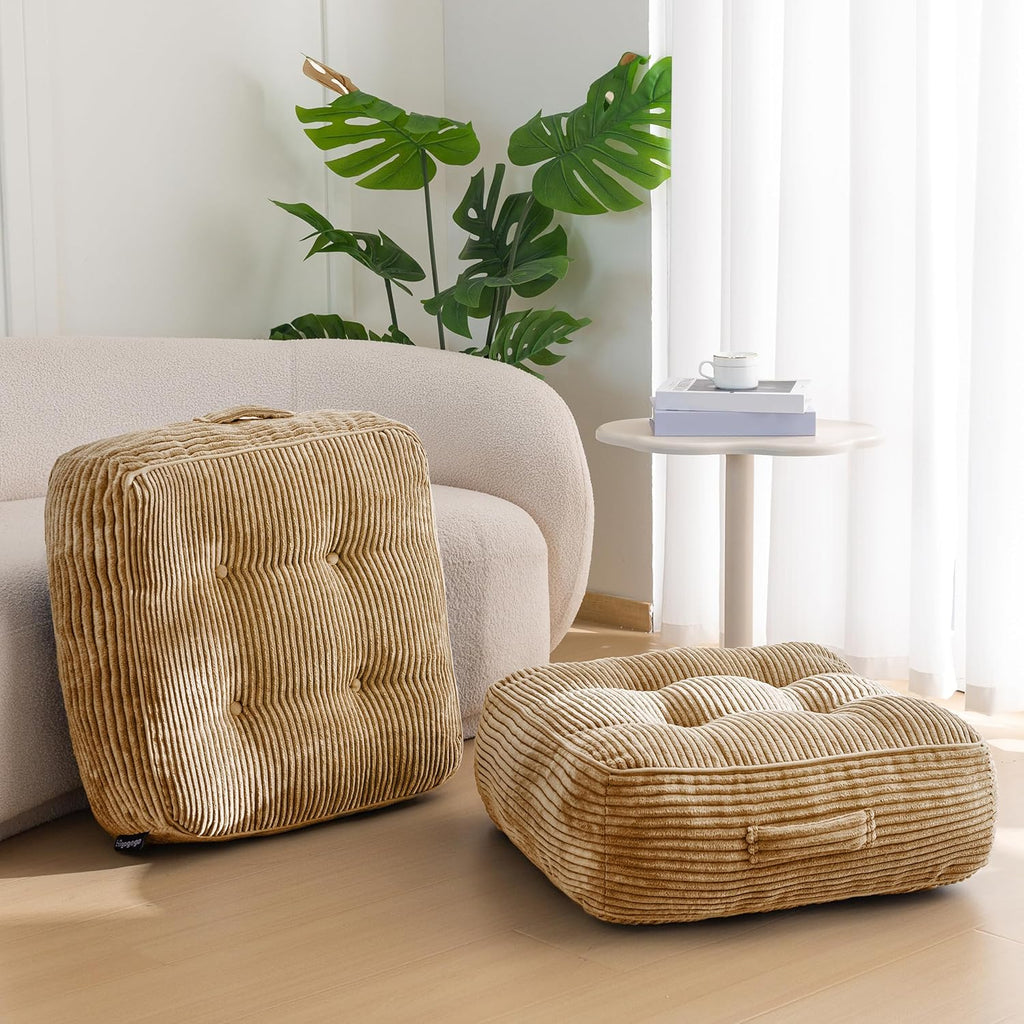 8" Washable Floor Pillow Cushion for Adults, Meditation Cushion Pillow, Large Square Floor Sitting, Removable Tufted Corduroy Cover, for Tatami Living Room or Yoga, 22x22 Inch, 2Pack, Machine Washable