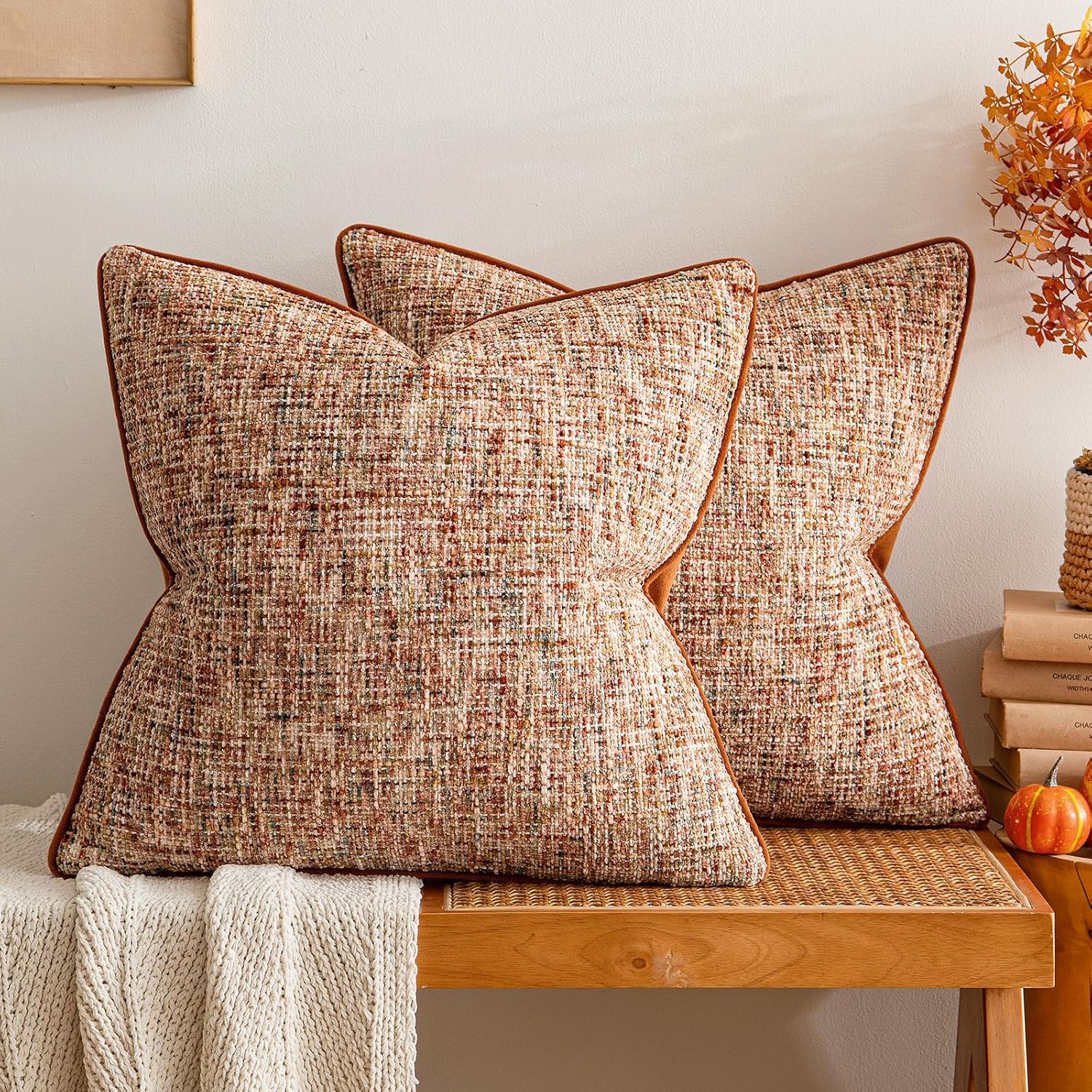 a moment Fall Rust Orange Reversible Pillow Covers 2 Pack - Farmhouse Chenille Throw Pillows, Neutral Textured Decorative Throw Pillow Covers with Border for Couch Sofa Bed (18x18 Inch, No Insert)