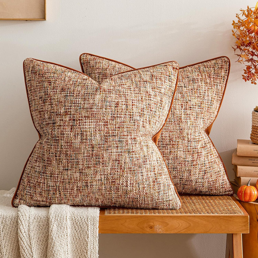 a moment Fall Rust Orange Reversible Pillow Covers 2 Pack - Farmhouse Chenille Throw Pillows, Neutral Textured Decorative Throw Pillow Covers with Border for Couch Sofa Bed (20x20 Inch, No Insert)