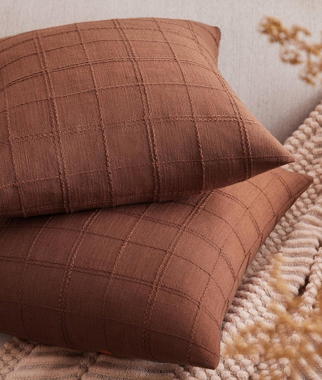 ZeeMart Linen Checked Throw Pillow Covers Set of 2, 16x16 Inch Allover Grid Terracota, Farmhouse Decorative Double Sided Grid Embroidered Couch Pillow Cases Rust Cotton Linen Cushion Covers
