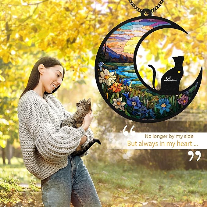 6'' DIY Cat on Moon Memorial Suncatcher, Personalized Name Cat Sympathy Ornament Window Hanging, Ideas Gift for Loss of Pet Passing Away, Remembrance Keepsake for Pet Lovers SCC-B11-6-03