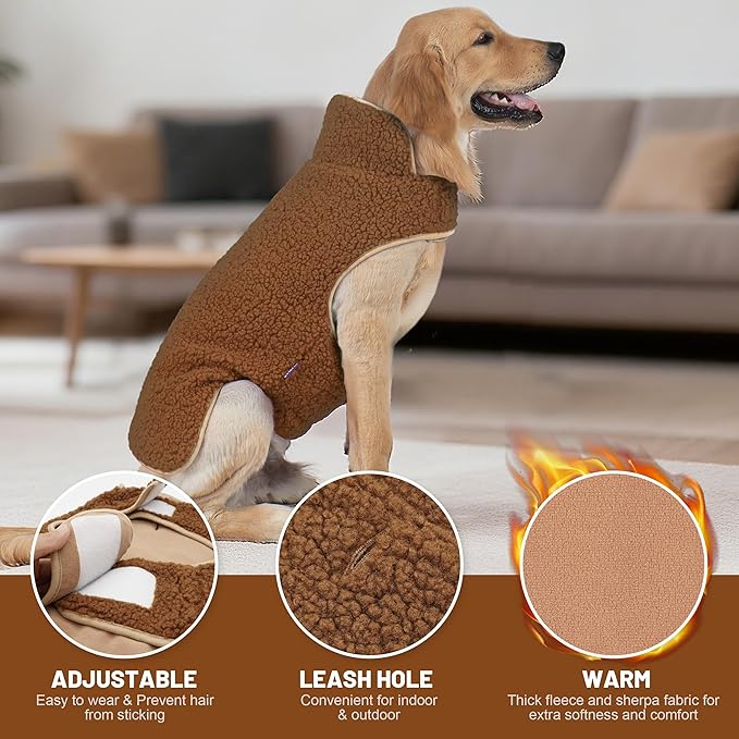 cyeollo Fleece Dog Coat Turtleneck Furry Reversible Sweater Thick Dog Clothes for Cold Weather Warm Winter Coats for Medium Dogs Brown XXL