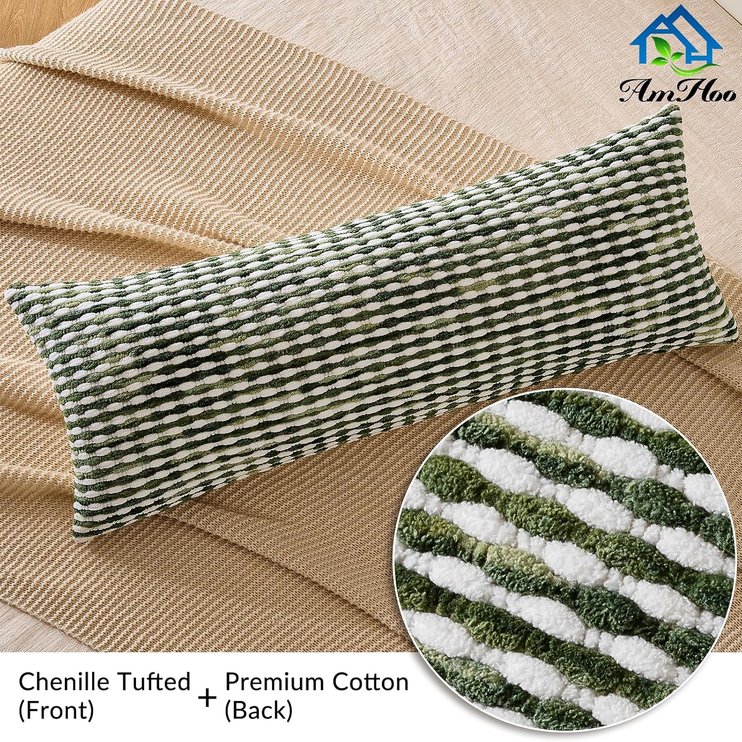 AmHoo Boho Chenille Pillow Cover Decorative Tufted Pillowcase for Couch Bed Sofa Bedroom Living Room Modern 14 x 36-Inch Sage Green