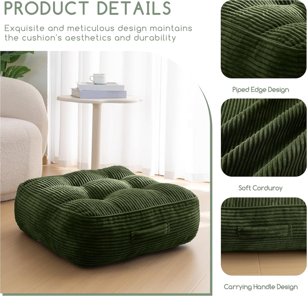 8" Washable Floor Pillow Cushion for Adults, Meditation Cushion Pillow, Large Square Floor Sitting, Removable Tufted Corduroy Cover, for Tatami Living Room or Yoga, 22x22 Inch, Machine Washable