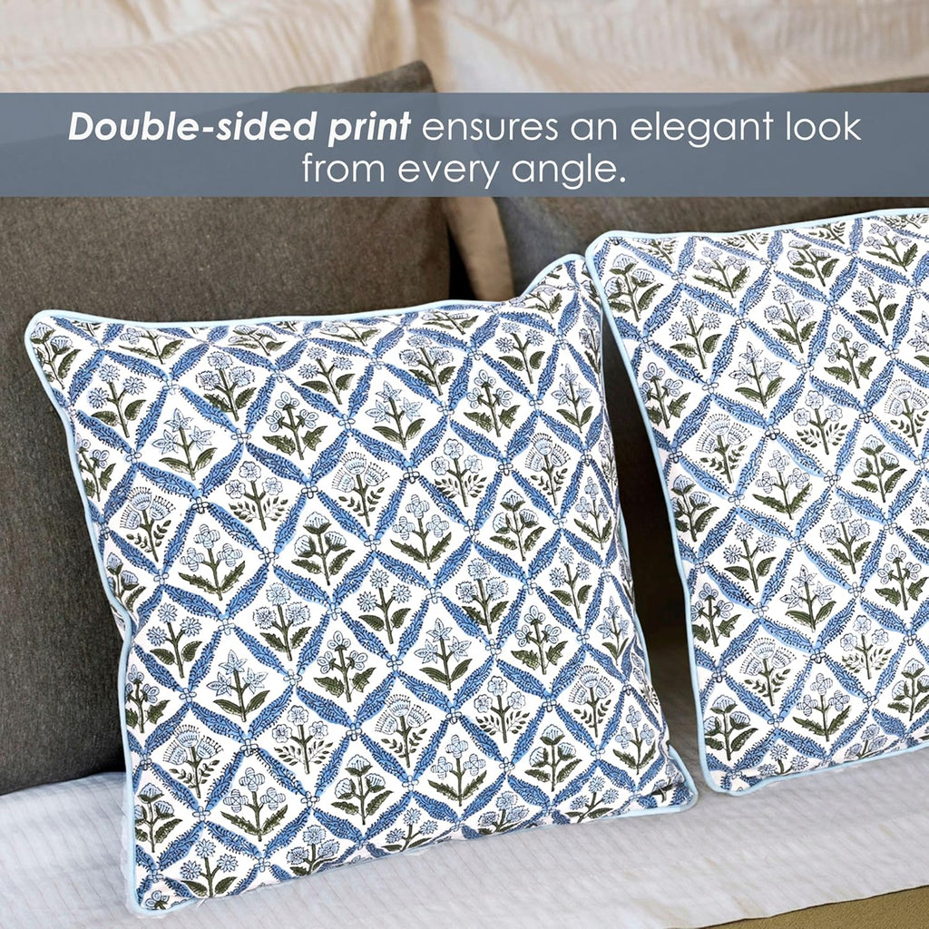 SheetKart Block Print Pillow Cover - Cotton Throw Pillow Covers for Boho Decorative Couch, Living Room, Bohemian Theme Gifts, Floral Blue - 18 x 18 Inches - Set of 2