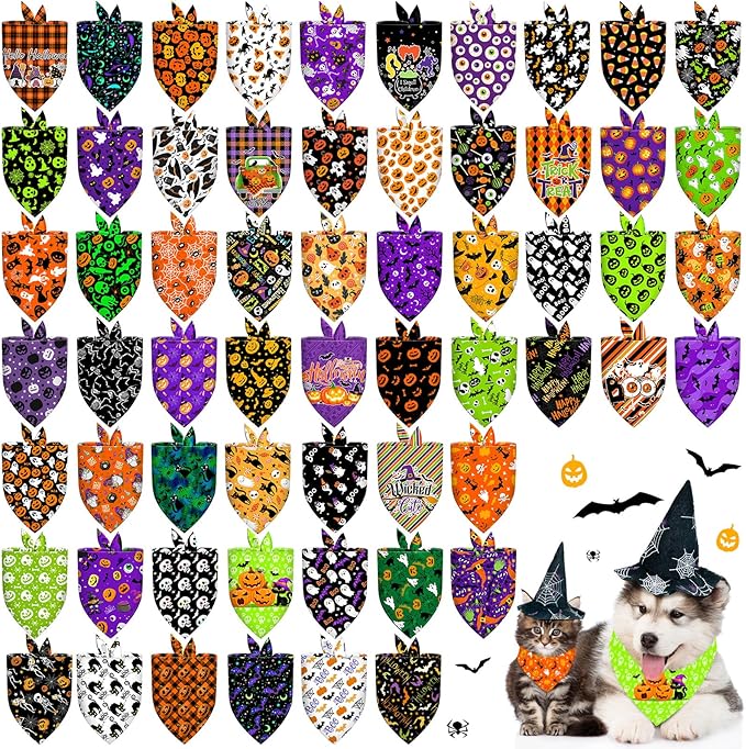 60Pcs Halloween Dog Bandanas Bulk Adjustable Dog Scarves Bibs Pumpkin Bat Ghost Puppy Bandanas Pet Neckerchief Washable Holiday Halloween Bandanas for Small Medium Large Dog Pet Grooming Accessories