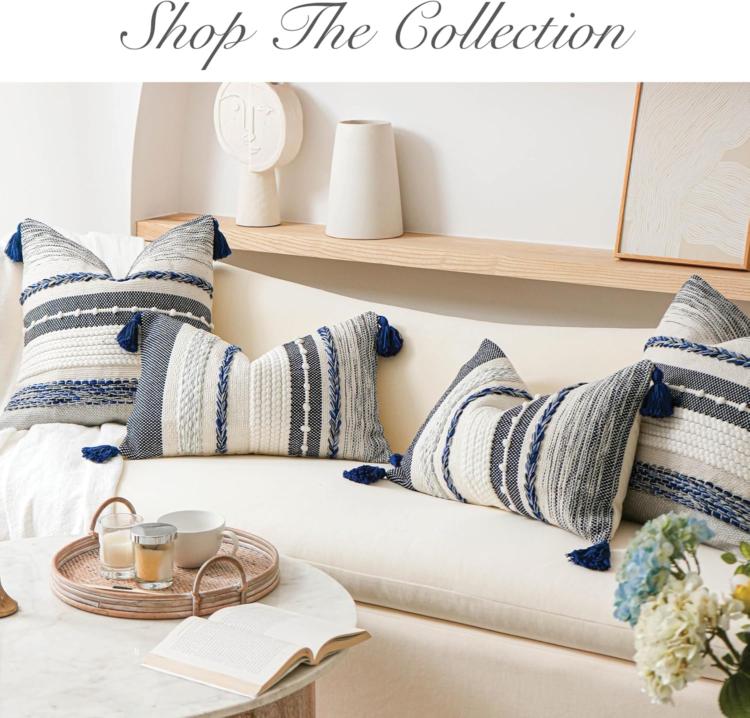 BlissBlush Navy Dark Blue Decorative Throw Pillow Cover 20x20 Square Boho Accent Pillowcase Tassels Farmhouse Cushion for Couch Sofa Bedroom Living Room Home Décor Cover ONLY