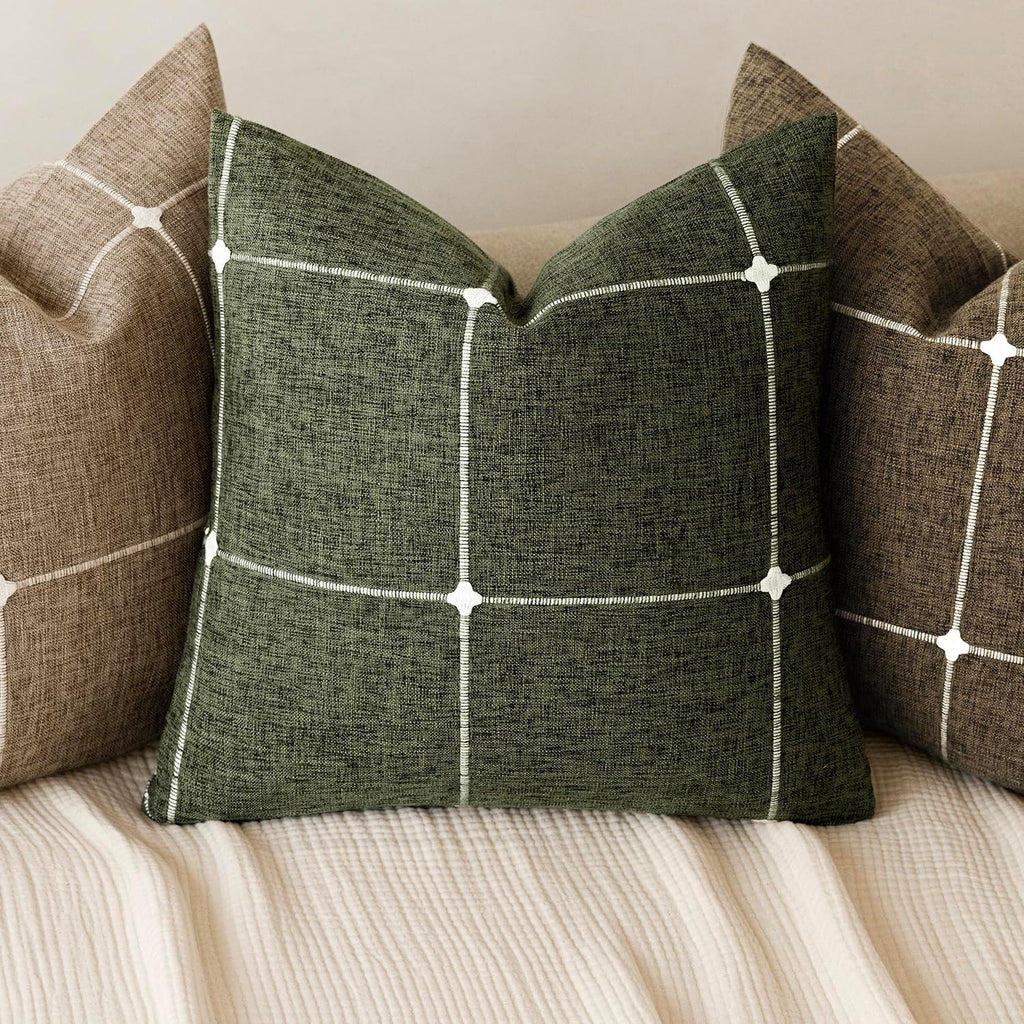 Foindtower Pack of 2 Decorative Faux Linen Jacquard Check Throw Pillow Covers Farmhouse Cushion Cover with Grid Textured Accent Pillowcase for Couch Sofa Living Room Home Decor,18×18 Inch,Olive Green
