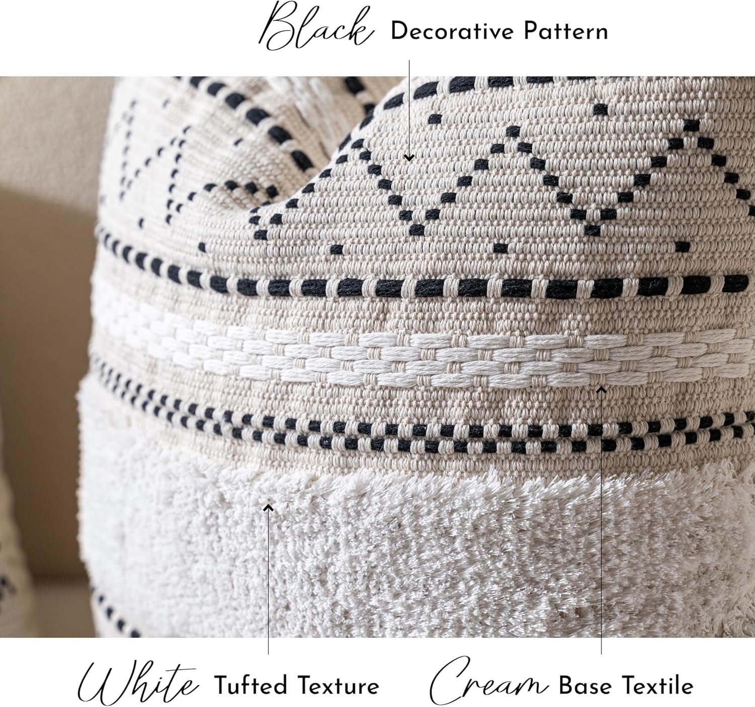 BlissBlush Decorative Throw Pillow Cover 18x18 Combo Set of 2 Square Boho Black Neutral Accent Pillowcase Tassels Farmhouse Cushion for Couch Sofa Bedroom Living Room Home Décor Cover ONLY