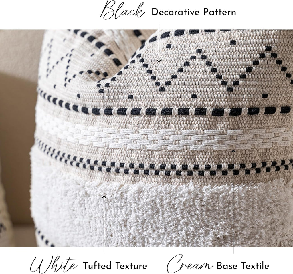 BlissBlush Decorative Throw Pillow Cover 20x20 Combo Set of 2 Square Boho Black Neutral Accent Pillowcase Tassels Farmhouse Cushion for Couch Sofa Bedroom Living Room Home Décor Cover ONLY