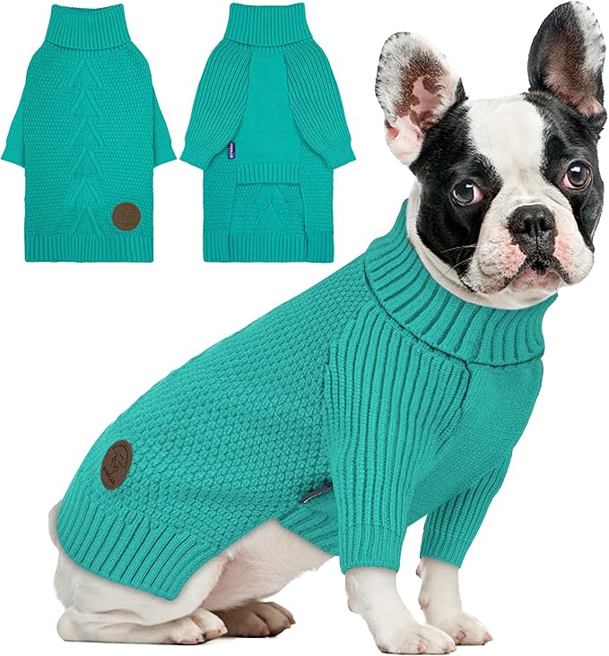 cyeollo Small Dog Sweater, Warm Stretchy Sweaters for Small Dogs Girl, Pullover Knitted Thermal Winter Big Dog Clothes with Sleeves, Turtleneck Pet Beagle Border Collie Apparel, Aqua Green L