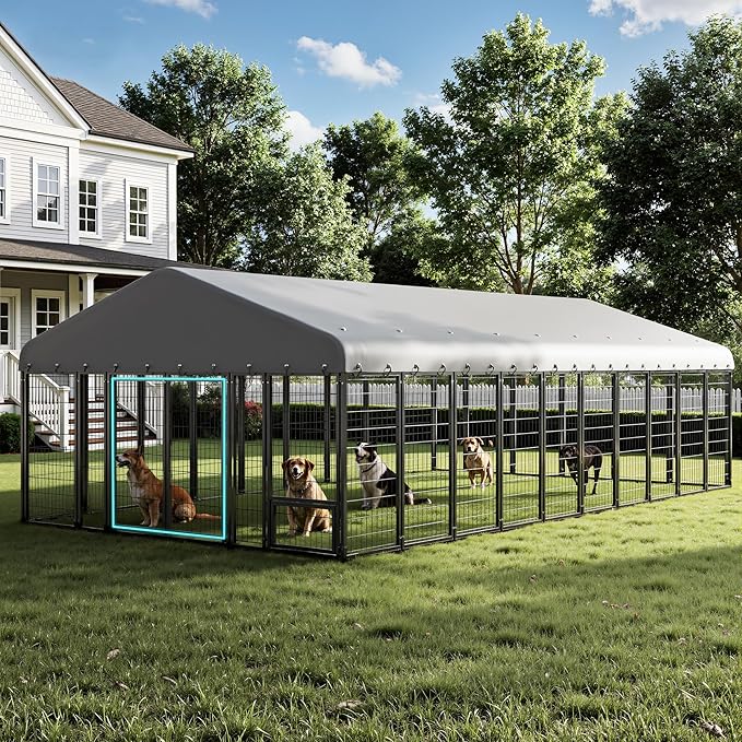 10 x 20 FT Large Outdoor Dog Kennel with Double Swing Doors, Heavy-Duty Dog Cage with Feeding Panel, Weatherproof Roof, Secure Fence Playpen for Large Dogs, Easy Assembly