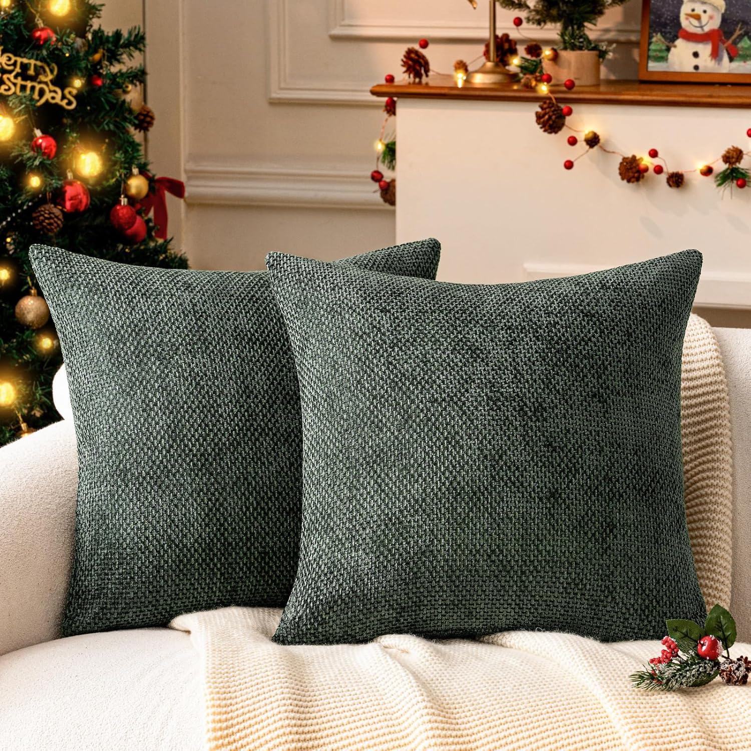 a moment Christmas Dark Green Chenille Throw Pillow Covers 16x16 Inch Pack of 2 Modern Decorative Throw Pillow Covers Farmhouse Cross Covers Home Decor for Sofa Bedroom Living Room
