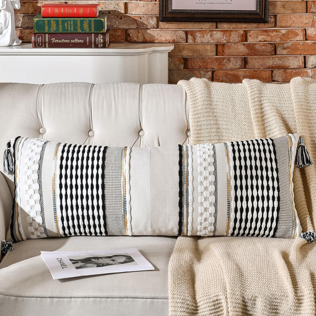 AmHoo Chenille Striped Textured Boho Throw Pillow Covers Aesthetic with Tassels Woven Decorative Pillow Case for Couch Bed Sofa Bedroom Modern Funky 14 x 36-Inch Black