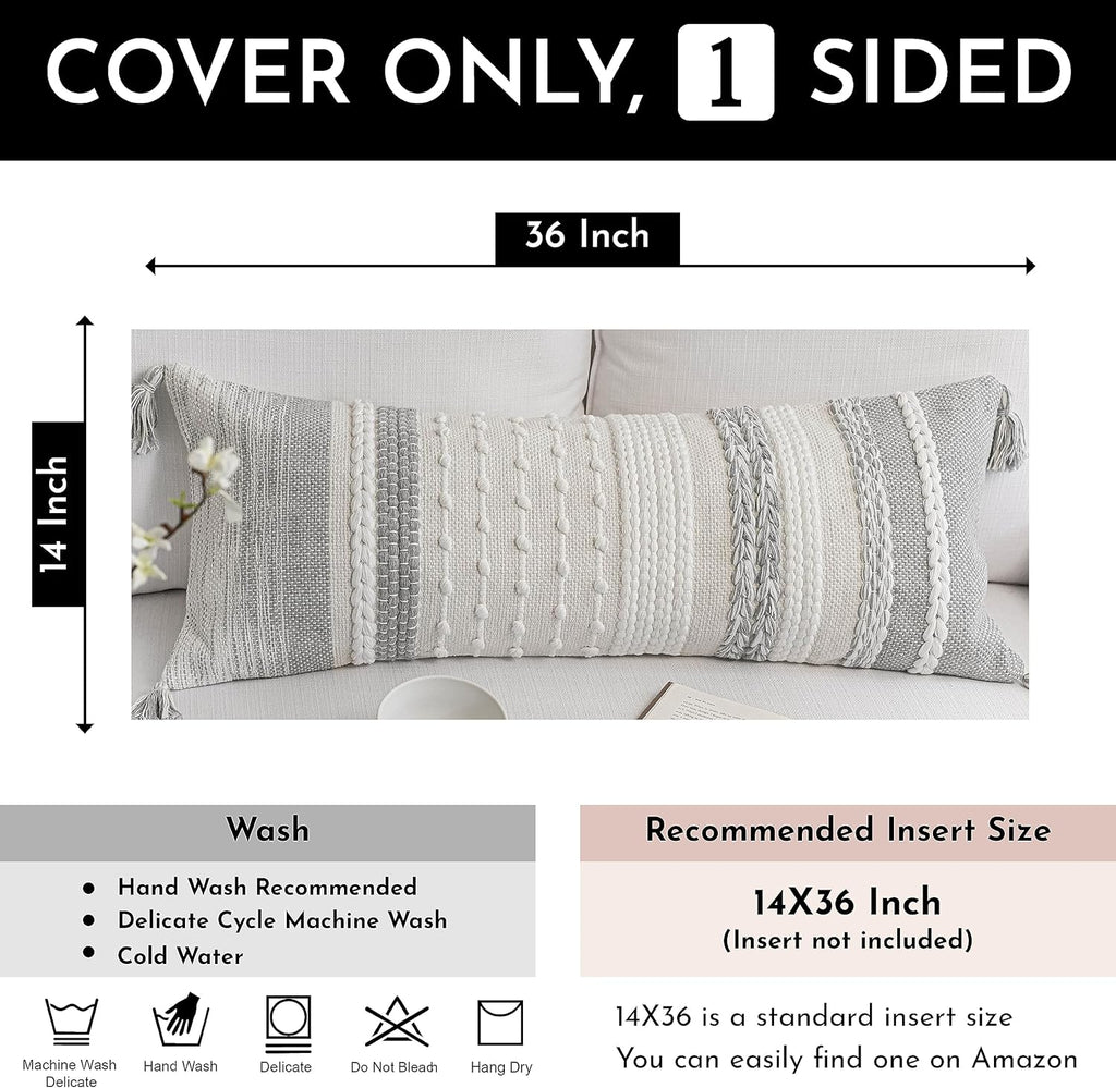BlissBlush Gray Decorative Lumbar Pillow Cover 14x36, Grey Boho Long Body Pillow for Bed, Farmhouse Lumbar Throw Pillow for Couch, Modern Accent Textured Throw Pillowcase
