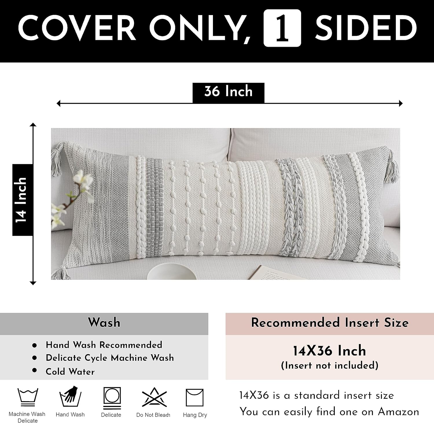 BlissBlush Gray Decorative Lumbar Pillow Cover 14x36, Grey Boho Long Body Pillow for Bed, Farmhouse Lumbar Throw Pillow for Couch, Modern Accent Textured Throw Pillowcase