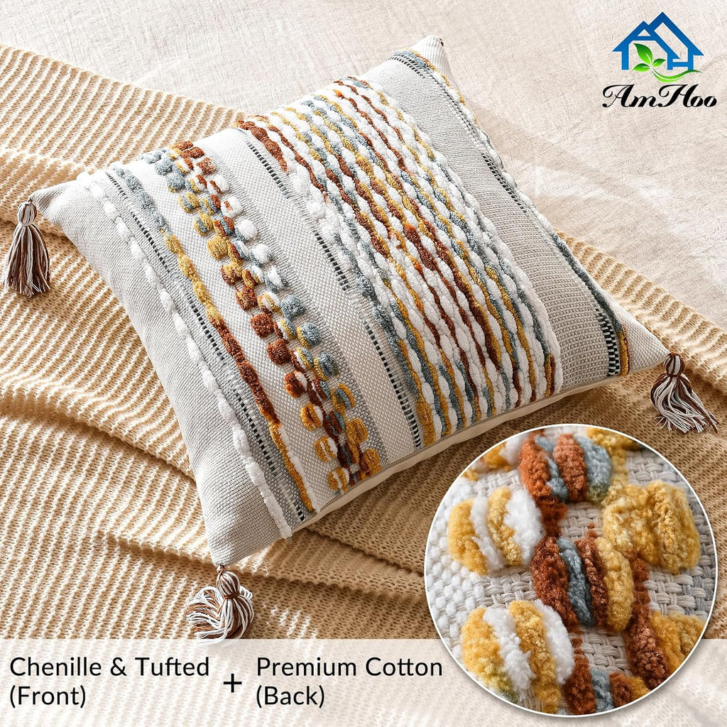 AmHoo Set of 2 Chenille Striped Textured Boho Throw Pillow Covers Aesthetic with Tassels Woven Decorative Pillow Case for Couch Bed Sofa Bedroom Modern Funky 18 x 18-Inch Brown