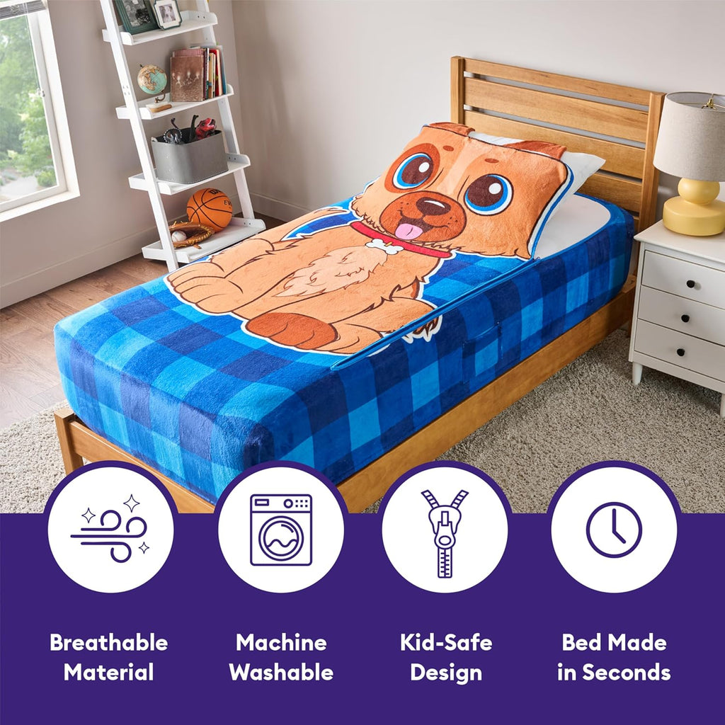 Bleacher Creatures ZippySack Twin Bed Zip-Up Bedding – Super Soft Fleece Fitted Blanket with Side Pocket & Durable Zipper – Easy Bed-Making for Kids (Dog)