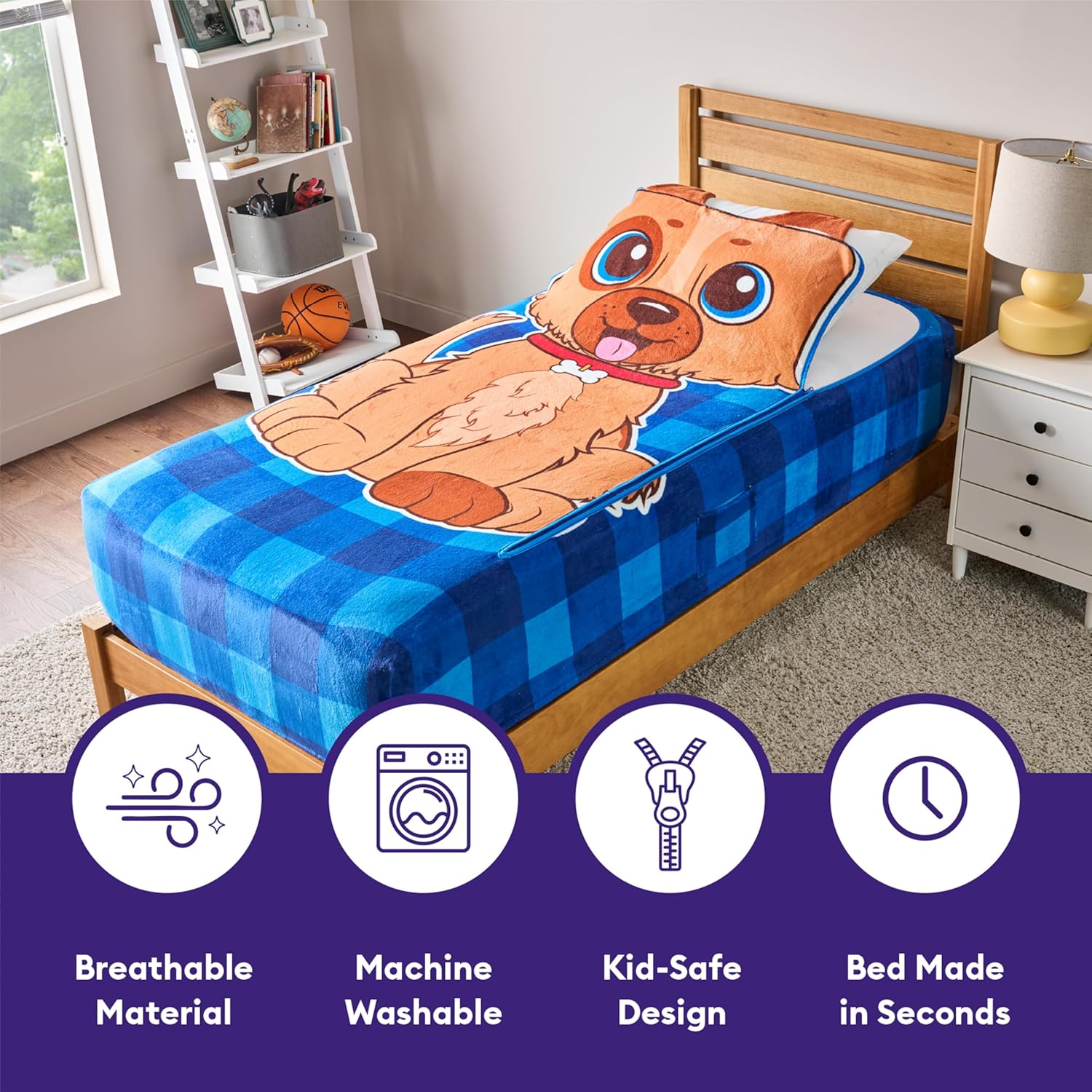 Bleacher Creatures ZippySack Twin Bed Zip-Up Bedding – Super Soft Fleece Fitted Blanket with Side Pocket & Durable Zipper – Easy Bed-Making for Kids (Dog)