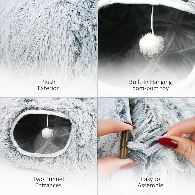Donut Tunnel Bed for Indoor Cats, Plush Hideaway with Pom Toy, Cozy Cats Toy, Gray