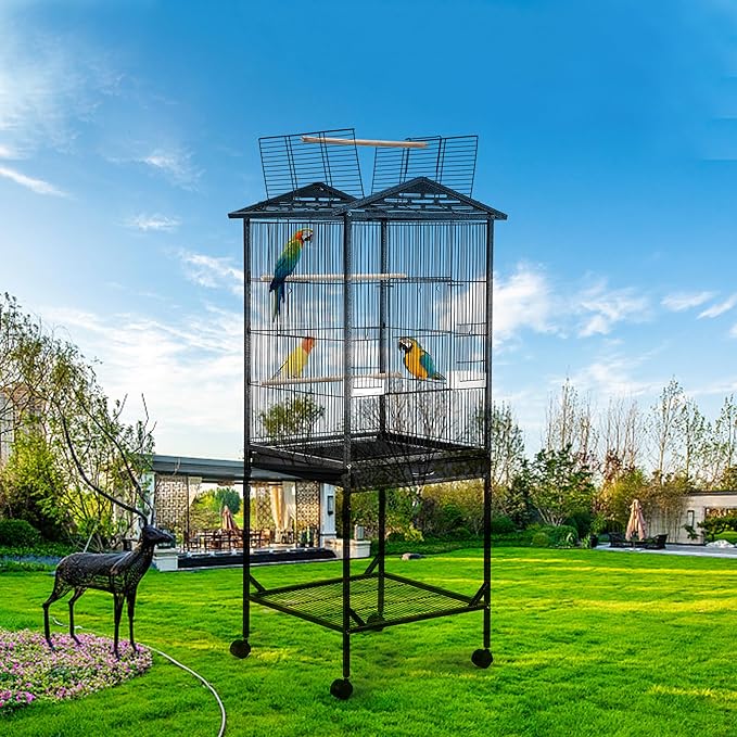 Bird Cage 47 inch Wrought Iron Parakeets Cage with Play Open Top and Rolling Stand Medium Small Bird Cage for Parrots, Budgerigars, Parakeets, Cockatiels, Lovebirds