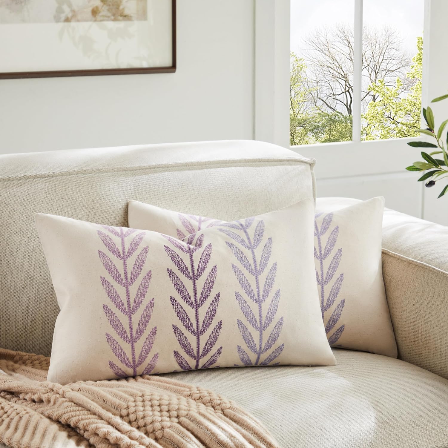 100% Cotton Farmhouse Leaves Lumbar Throw Pillow Covers Set of 2, 12x20 Inch Mixed Purple Pastoral Decorative Print Cushion Covers for Sofa Bed Living Room Home Decor