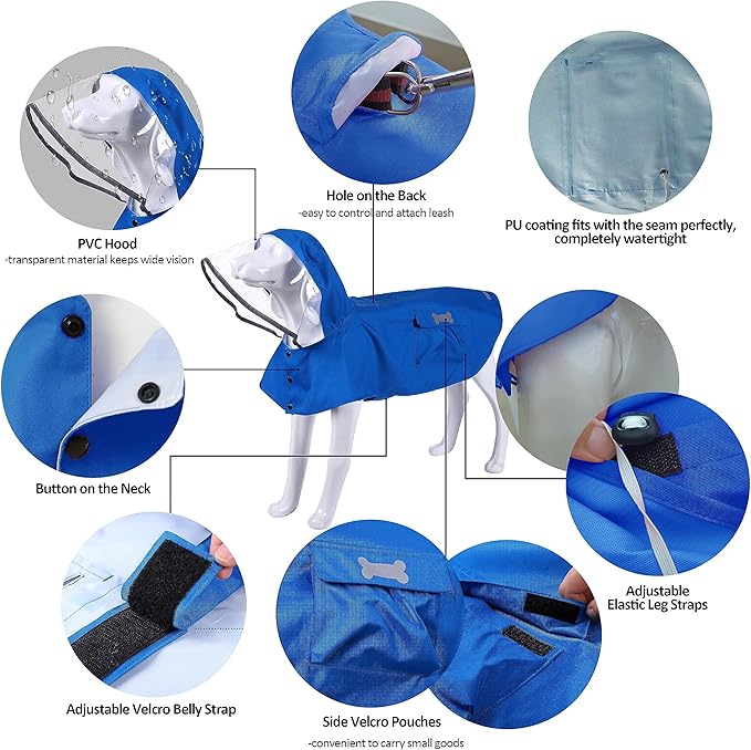 Waterproof Dog Raincoat, Adjustable Reflective Lightweight Pet Rain Clothes with Poncho Hood (XX-Large, Blue)