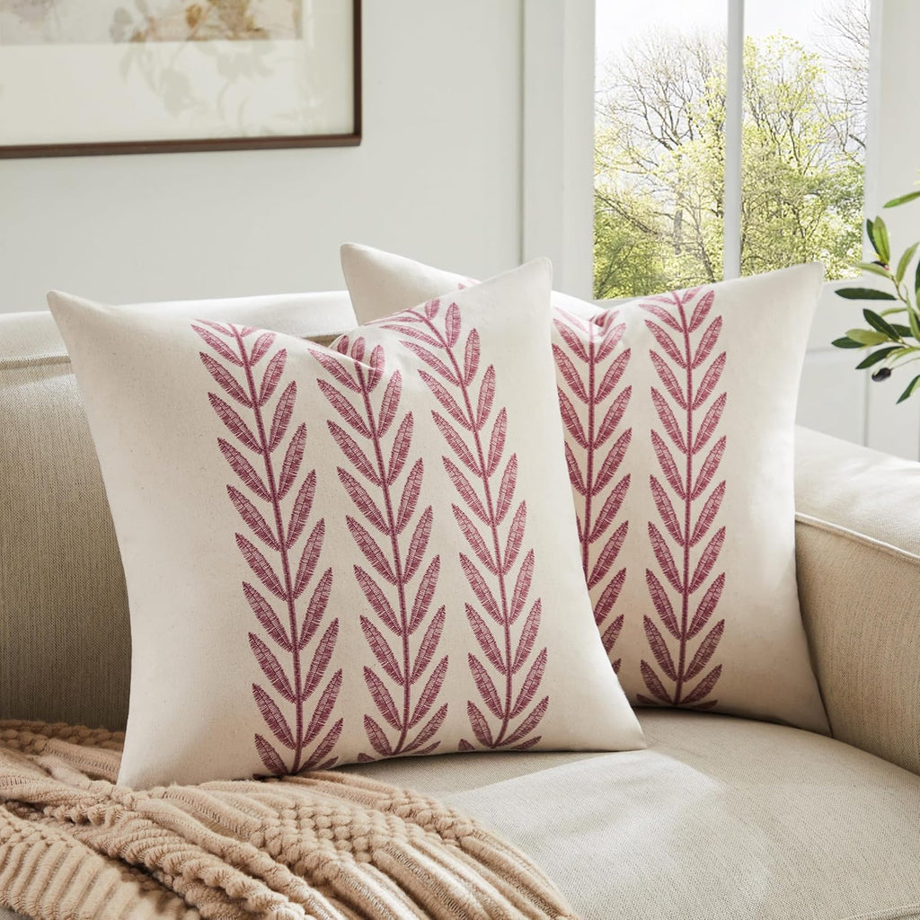 100% Cotton Farmhouse Leaves Throw Pillow Covers Set of 2, 22x22 Inch Burgundy Pastoral Decorative Print Cushion Covers for Sofa Bed Living Room Home Decor