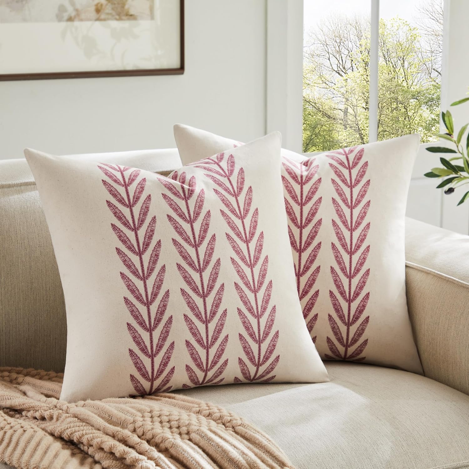 100% Cotton Farmhouse Leaves Throw Pillow Covers Set of 2, 22x22 Inch Burgundy Pastoral Decorative Print Cushion Covers for Sofa Bed Living Room Home Decor