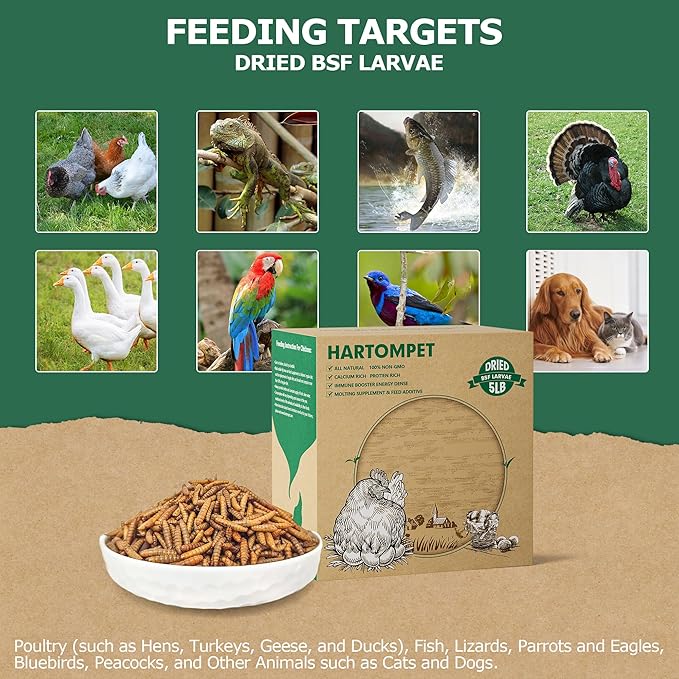 5LB Non-GMO Dried Black Soldier Fly Larvae, Superior Calcium Boost for Chickens, Better Than Dried Mealworms, Poultry Feed Ideal for Molting & Laying Hens, Wild Birds, Ducks | Top Grade BSF