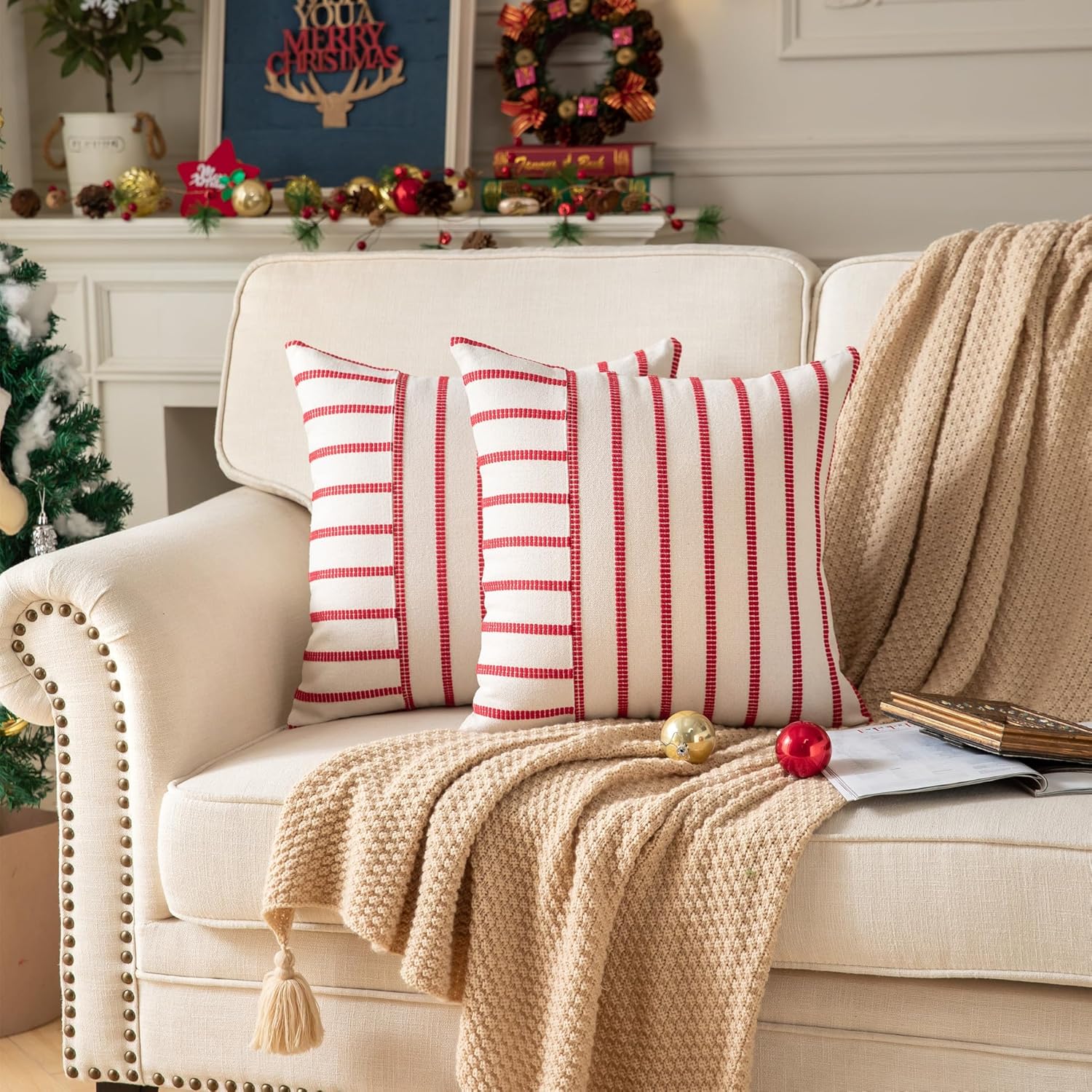 Caflife Boho Christmas Pillow Covers 18x18 Set of 2, Soft Farmhouse Decorative Sofa Pillow Cases, Holiday Red Christmas Throw Pillow Covers, Couch Bed Cushion Covers Living Room Home Decor