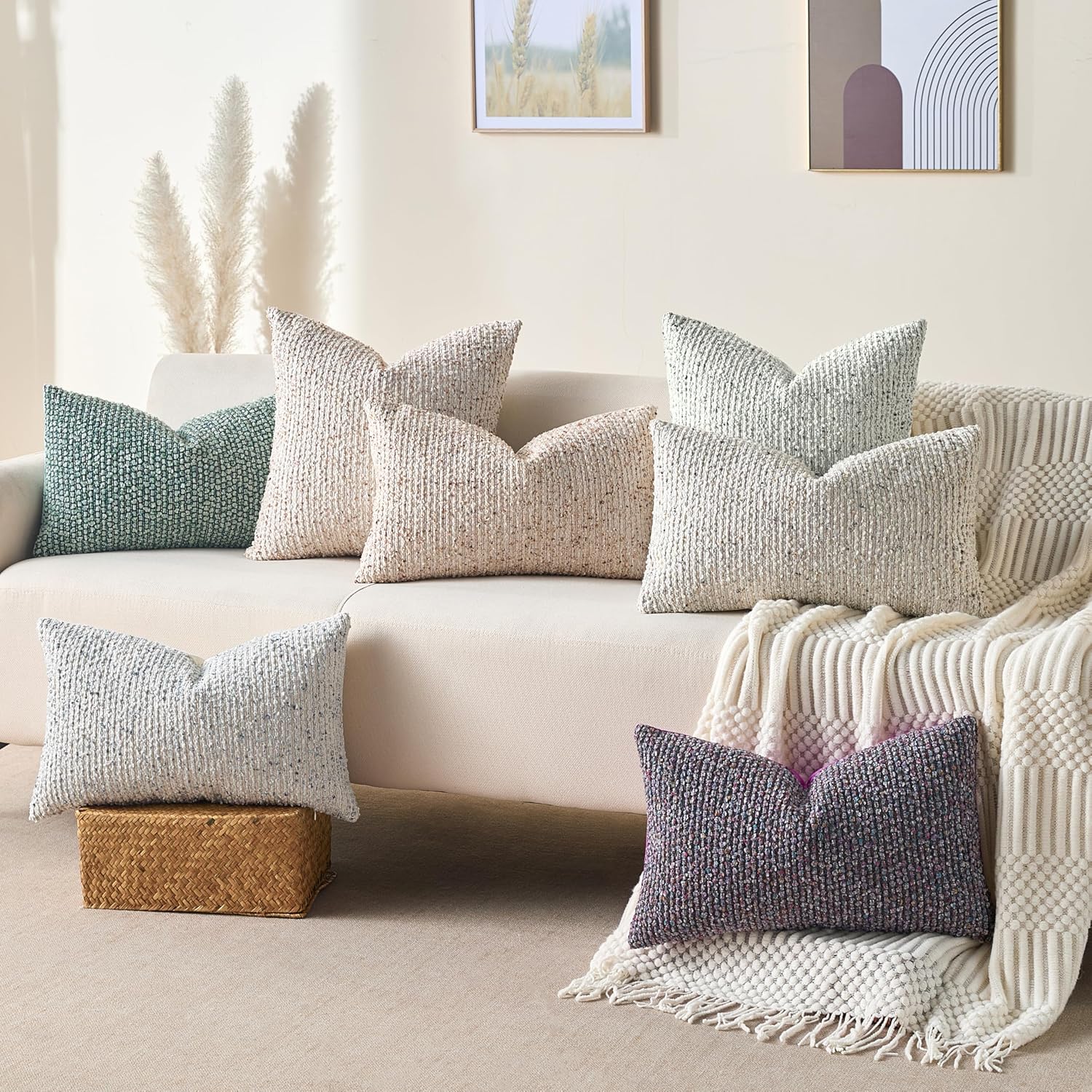 Decorative Couch Throw Pillow Covers 22x22 Beige Striped Soft Wool Pillow Covers Neutral Textured Boho Cushion Covers for Modern Farmhouse Sofa Bedroom Living Room Decor SY011-A22