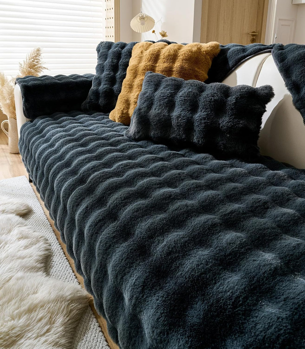Faux Fur Couch Cover Fuzzy Soft Plush Thick Bubble Sofa Cover Luxury Sectional Couch Covers Luxury Anti-Slip Sofa Slipcover Washable Furniture Protector (Dark Grey,36"x94")