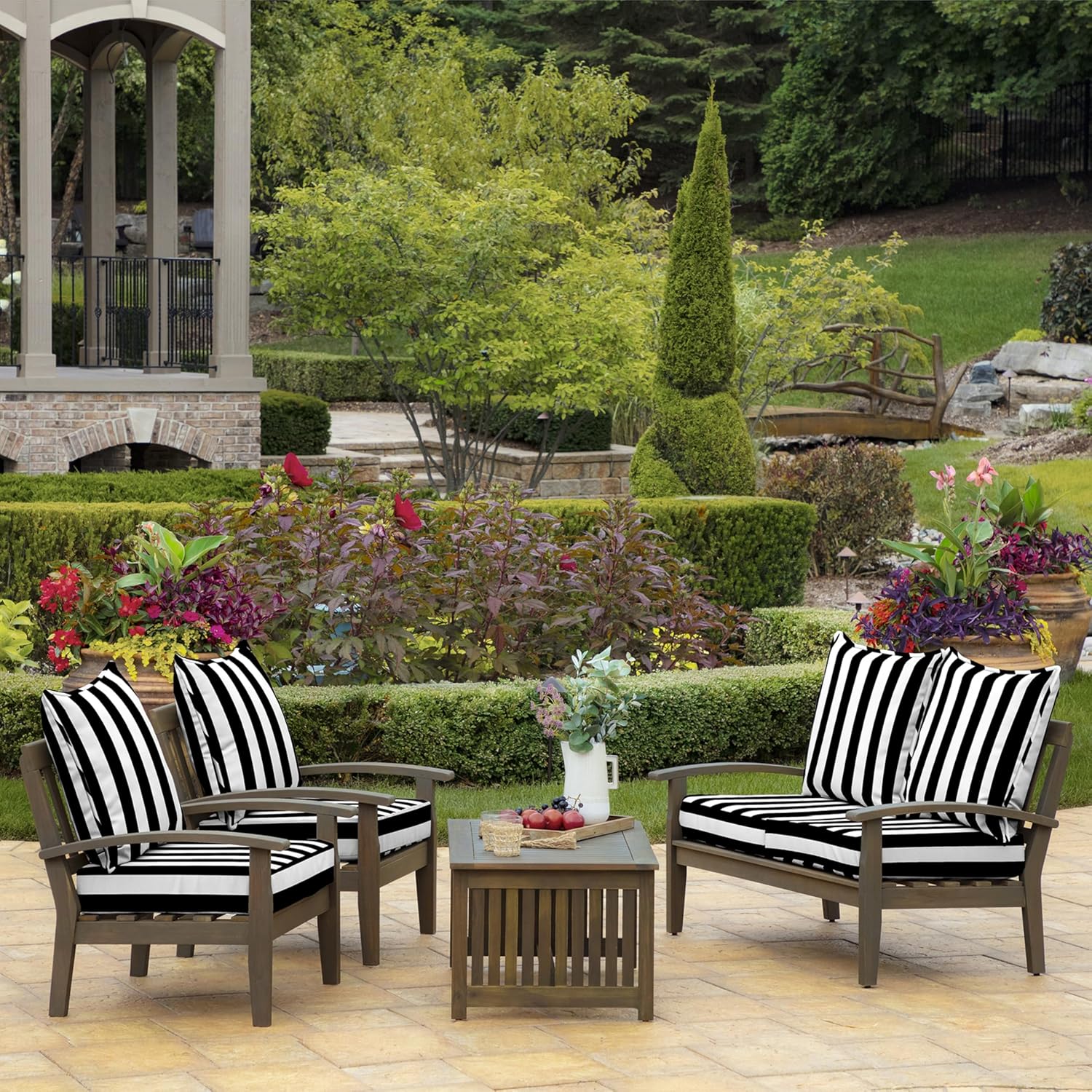 Arden Outdoor Deep Seat Cushion Set, 22 in x 24 in, Weather-Proof, Rain-Proof, Fade Resistant Patio Cushion Black Cabana Stripe