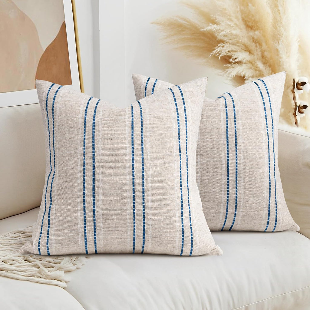AELS 20x20 Decorative Farmhouse Linen Throw Pillow Covers, Boho Textured Pillow Case, Set of 2,Beige with White & Navy Blue Stitch Yarn Dyed Stripe Cushion Cover for Sofa Couch Living Room(Cover ONLY)