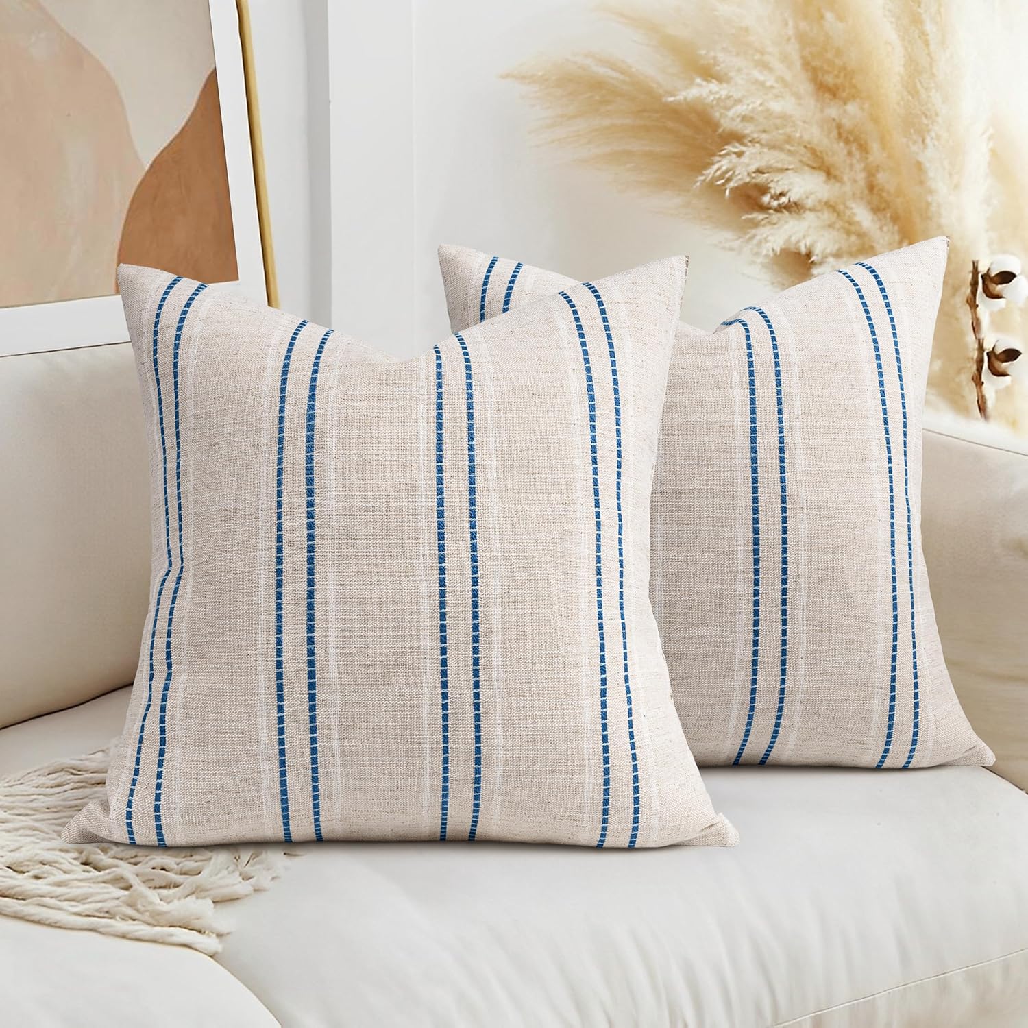 AELS 20x20 Decorative Farmhouse Linen Throw Pillow Covers, Boho Textured Pillow Case, Set of 2,Beige with White & Navy Blue Stitch Yarn Dyed Stripe Cushion Cover for Sofa Couch Living Room(Cover ONLY)