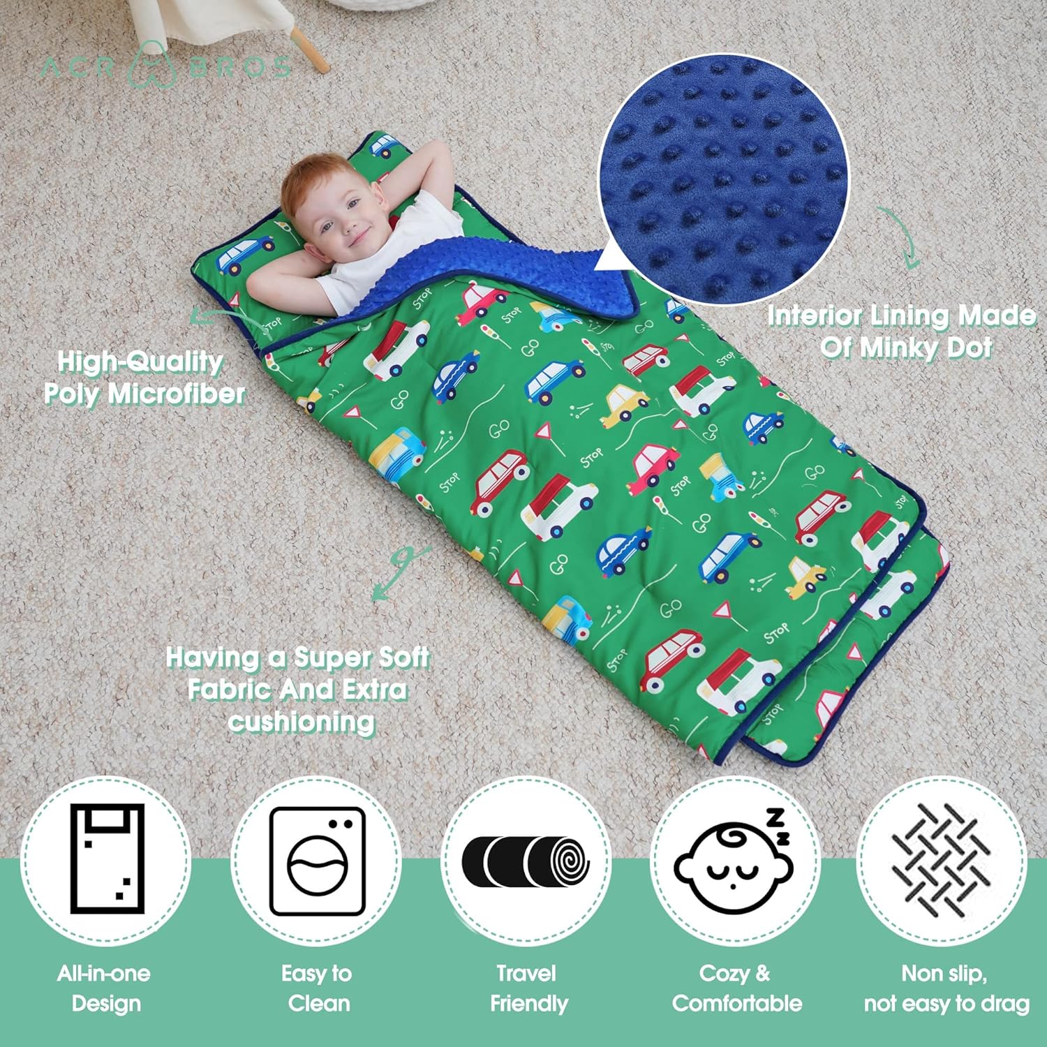 ACRABROS Toddler Nap Mat with Pillow and Blanket, Extra Large Rolled Napping Mats,Slumber Bags for Boys Girls,Kids Sleeping Bag for Daycare, Preschool Travel Camping,Car