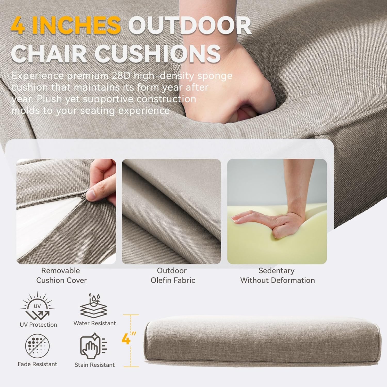 Outdoor Chair Cushions - 22" x 25" x 4" Patio Furniture Cushions with Water Resistant & Removable Cover, 28D High Density Sponge Patio Cushion for Outdoor Furniture Couch Rocker Chair, Beige