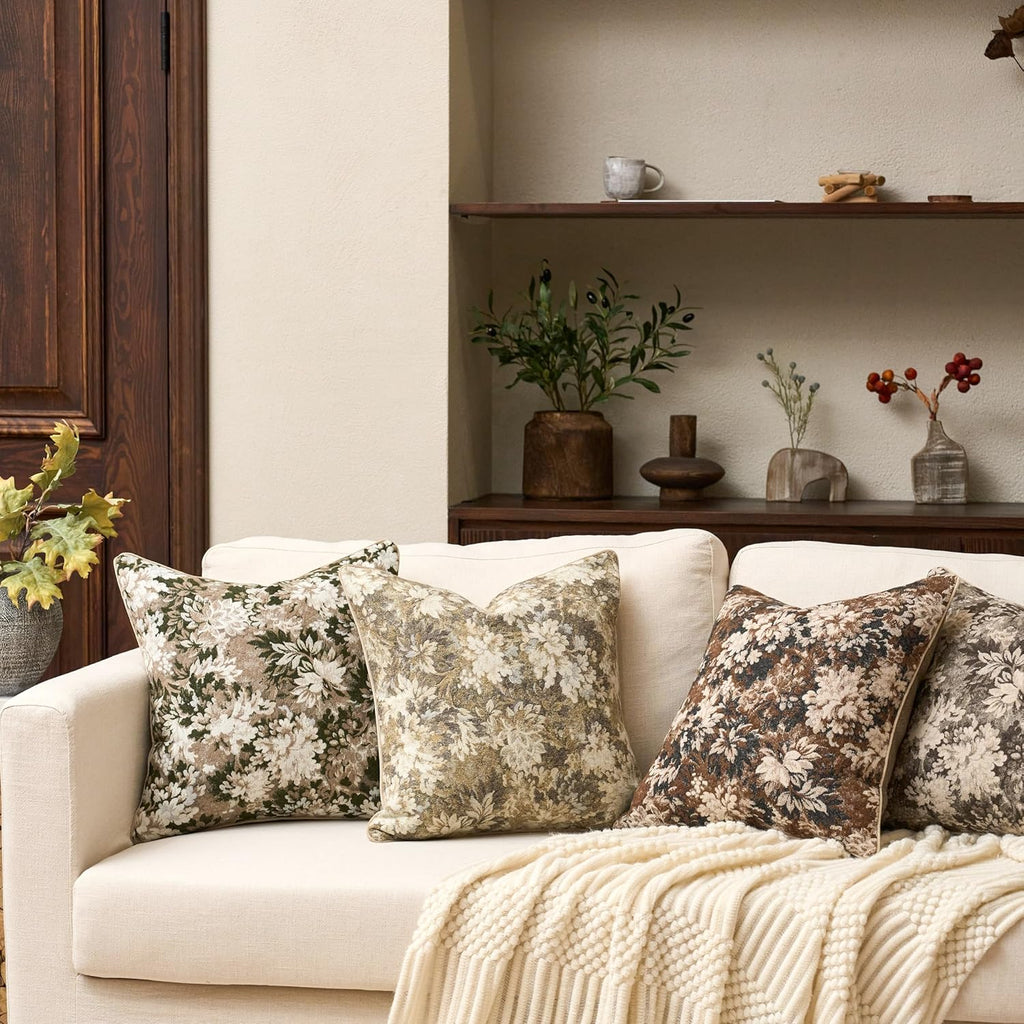 Yangest Neutral Floral Pillow Cover 20 x 20 Inches, Vintage Chenille Square Throw Pillow Cover Soft Decorative Farmhouse Accent Couch Pillow Cover for Living Room Bedroom, Coffee Brown