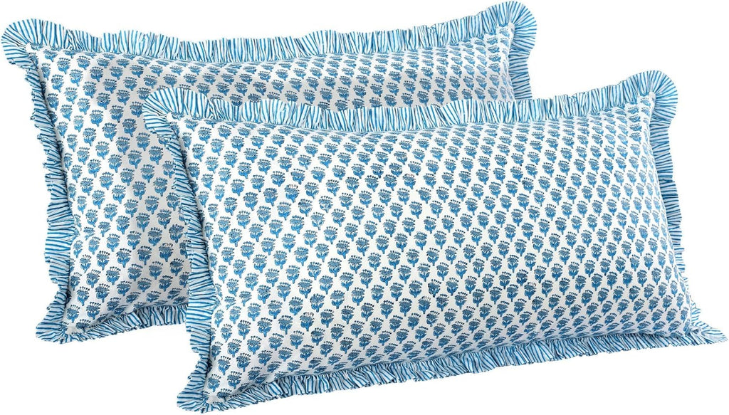 CPC Apatite Blue 100% Cotton Block Print Ruffle Sham Cover 20X36 inch Pack of 2, Handmade Boho Floral Pillowcase, Soft Decorative King Bed Pillow Cover for Bedroom Décor