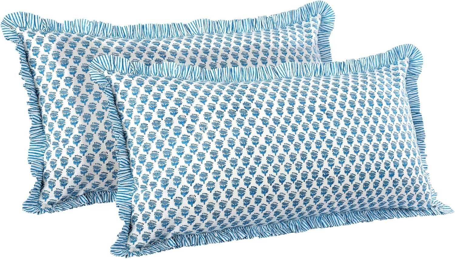 CPC Apatite Blue 100% Cotton Block Print Ruffle Sham Cover 20X36 inch Pack of 2, Handmade Boho Floral Pillowcase, Soft Decorative King Bed Pillow Cover for Bedroom Décor