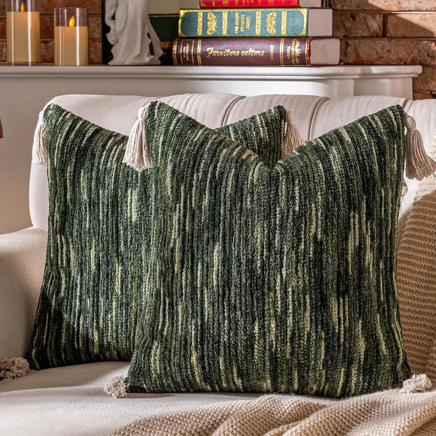 AmHoo Boho Throw Pillow Covers Set of 2 Decorative Bohemian Woven Tufted Striped Farmhouse with Tassels Textured Cushion Case Pillowcase Neutral for Sofa Couch Bed 18 x 18-Inch Sage Green