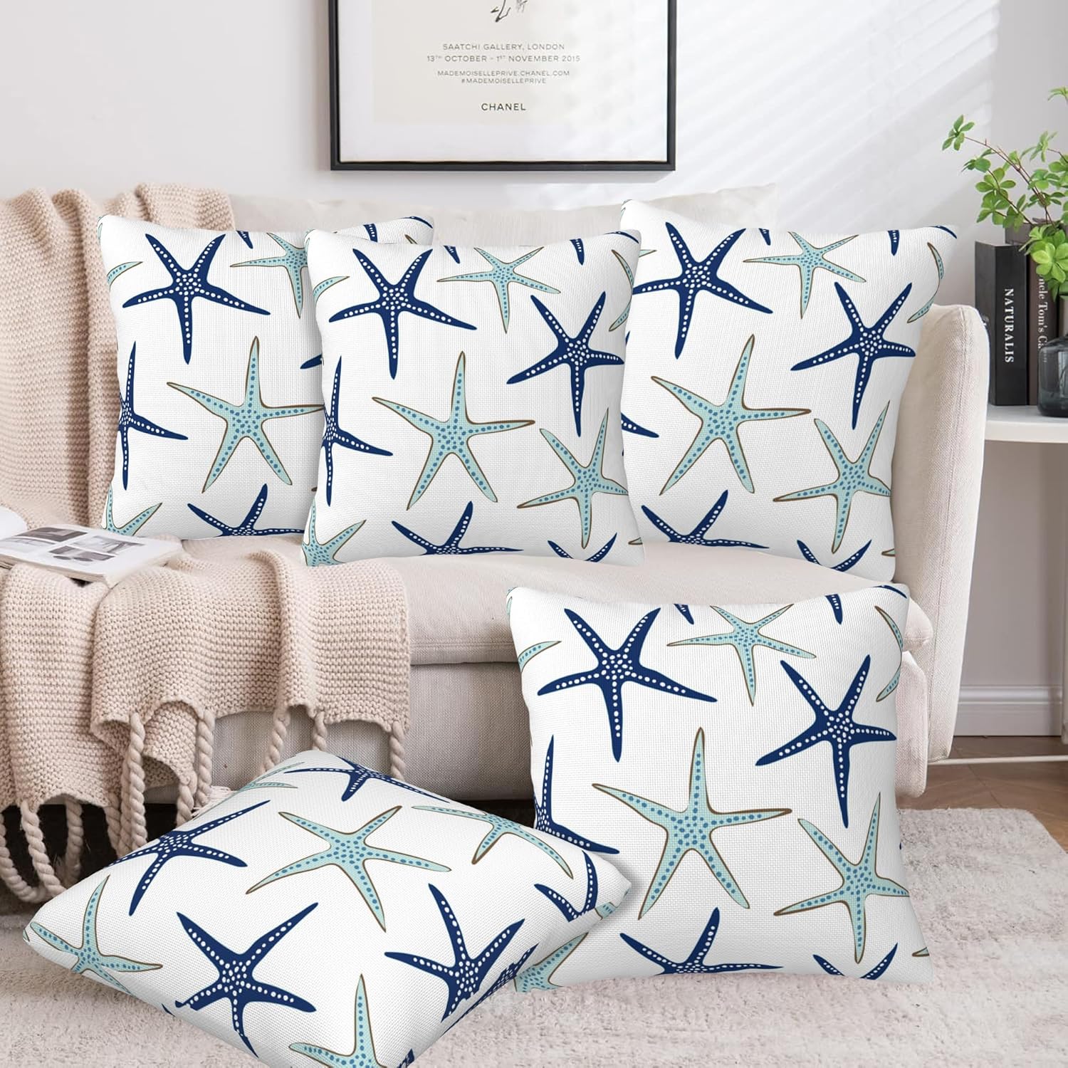 Throw Pillow Covers Nautical Starfish Pillow Covers 20x20 Inch Set of 2 Navy Blue and Turquoise Sea Stars Throw Pillows Decorative Pillow Cases Cushion Covers for Bedroom Livingroom