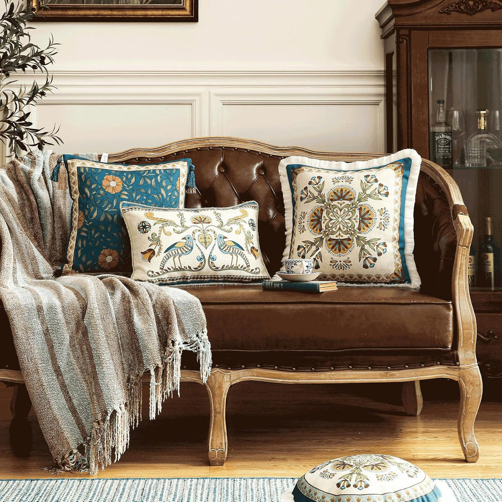 patdrea Designer Rectangle Throw Pillow Covers Set of 2,Farmhouse Blue Linen with Birds Floral Pattern Pillow Cover,Decorative Lumbar Pillowcases Cushion for Bed Living Room Outdoor Car,12"x20"